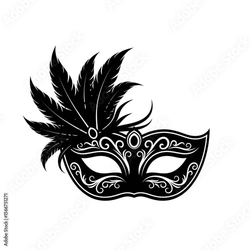 An ornate masquerade mask with feathers isolated on white background