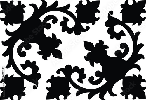 decorative floral pattern, ornate botanical motif, abstract vine, and leaf design, monochrome flourish background, intricate organic shapes, natural silhouette elements, minimal black and white 