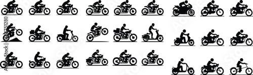 Motorbike Rider Icon Pack – Male Motorcycle Silhouette Art Man Riding Motorcycle Silhouette Set – High-Speed Vector Icons