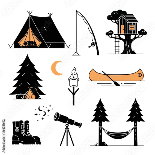 A camping scene with a tent, fishing rod, treehouse, and other outdoor elements is isolated on white background