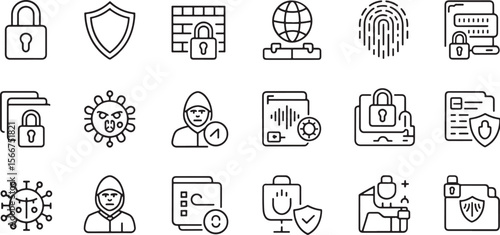 Cybersecurity and Data Protection Outline Icons for Network Security, Privacy, and Digital Threat Prevention