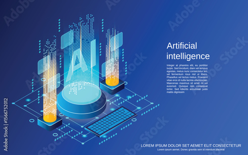 Isometric AI tech AI hologram pillars circuit base against blue gradient