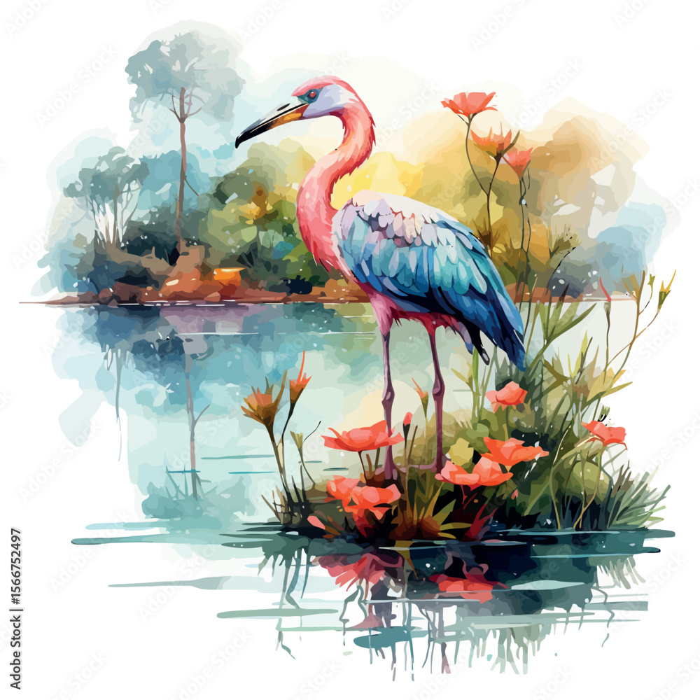 Naklejka premium Pink flamingos and white herons wading in the water, showcasing beautiful wild birds in their natural habitat