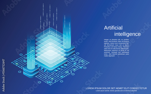 Isometric tech graphic circuit board base with stacked squares data columns  text