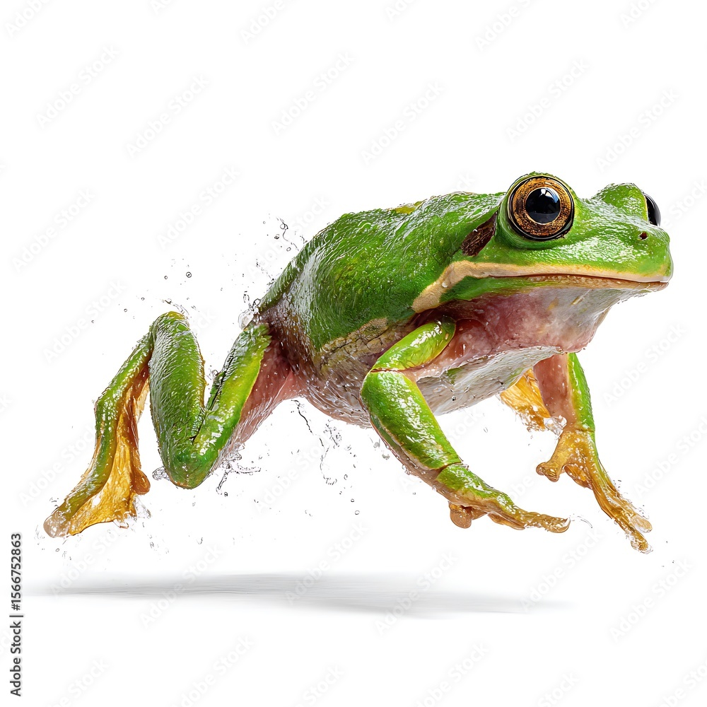 Fototapeta premium Vibrant green tree frog mid leap with water droplets isolated on white background