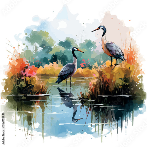 A solitary grey heron, a large water bird, patiently hunts for fish in the tranquil blue waters of a lake