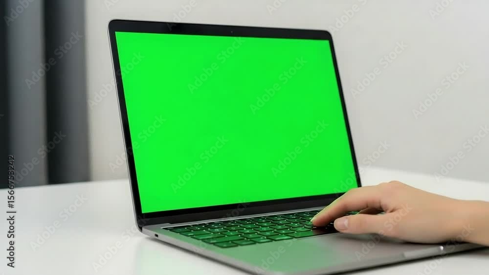 An individual's hand is actively engaged with the keyboard of a contemporary laptop displaying a green screen. An individual's hand is actively engaged with the keyboard of a contemporary laptop displaying a green screen.