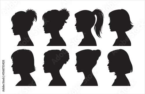 Collection of diverse female head silhouettes with various hairstyles