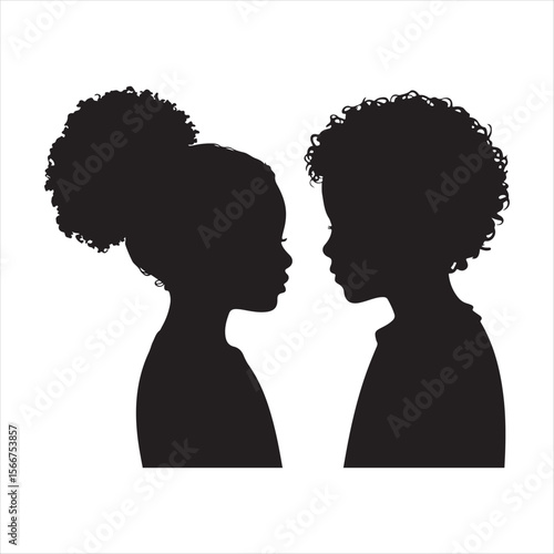 Two young children facing each other with curly hair silhouette