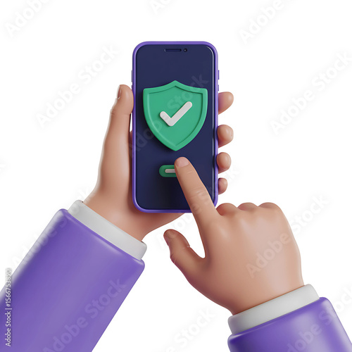 Mobile security check with a hand using a smartphone displaying a green shield, symbolizing data protection and secure access
