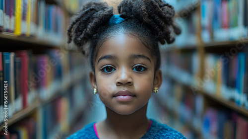 Girl standing in library aisle, bookshelves in background, focused gaze