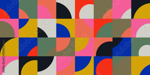 Colorful geometric pattern with quarter circles and squares