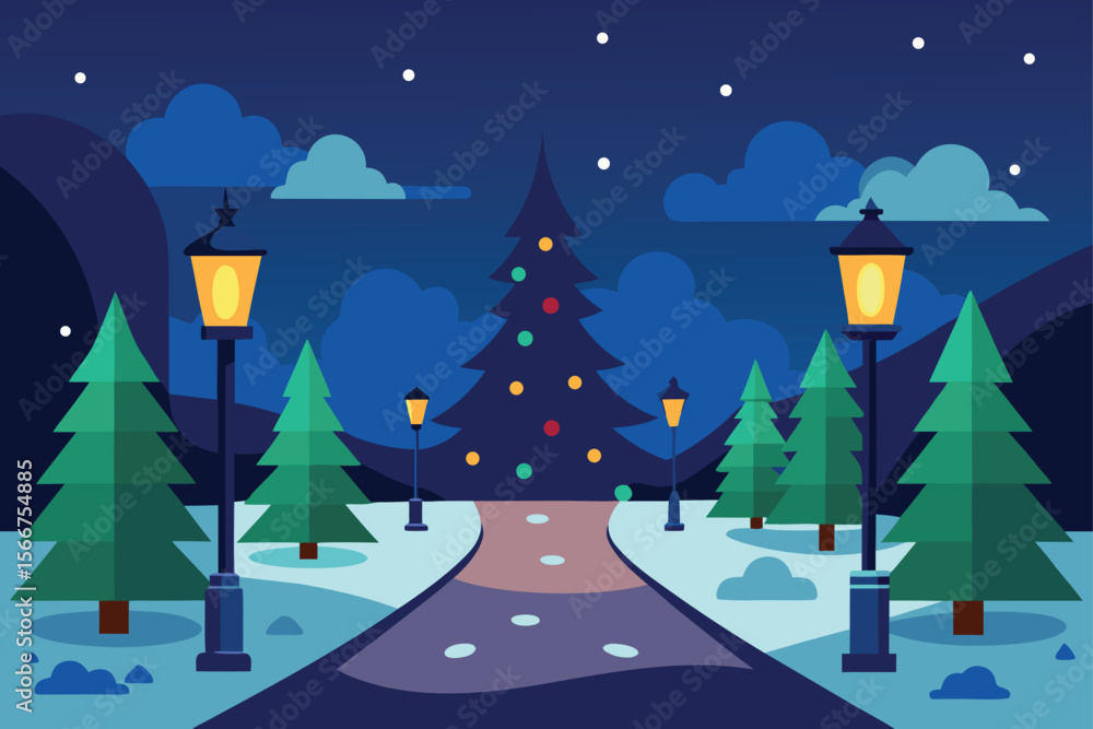 Fototapeta premium Snowy Town Entrance with Lamp Post Vector