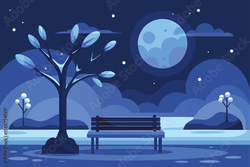 Park Bench Under Full Moon in Snow Vector