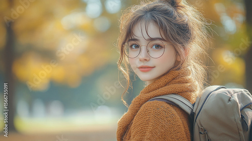 Girl with backpack in autumn park glances back, golden foliage background