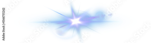 Light flash with bright shine and transparent rays of blue glow on white background. Vector
