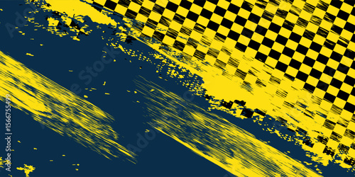 Blue and yellow background with checkered sports flag and grunge pattern