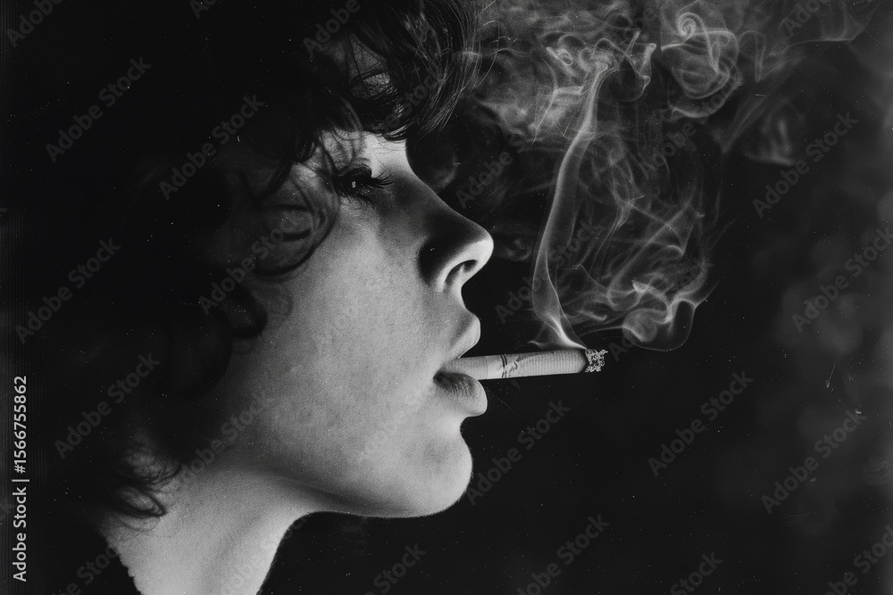 Obraz premium A woman is smoking a cigarette and the smoke is billowing out of her mouth