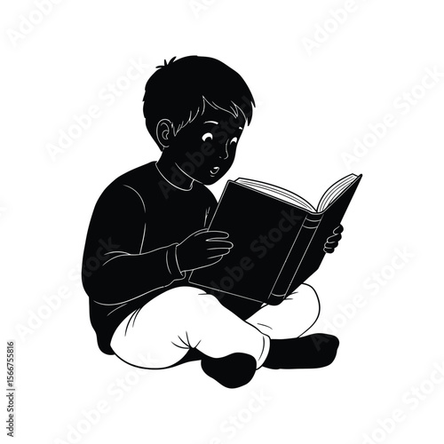 Engrossed Boy Reading Book Silhouette Child Education Reading Habit Knowledge Learning Literacy Story Time Illustration