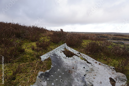 B29 OVEREXPOSED Crash Site, The Peak District, England – June 8 2022: Aerial view of historical wreckage on English moorland.