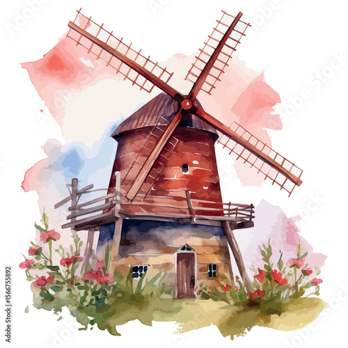 Old Dutch windmills dot a green, rural landscape under a vast blue sky, harnessing wind energy