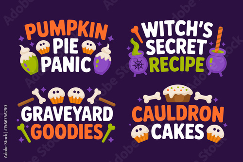 Halloween dessert sticker set, pumpkin pie panic, witchs secret recipe, graveyard goodies, cauldron cakes, spooky treat label, party design