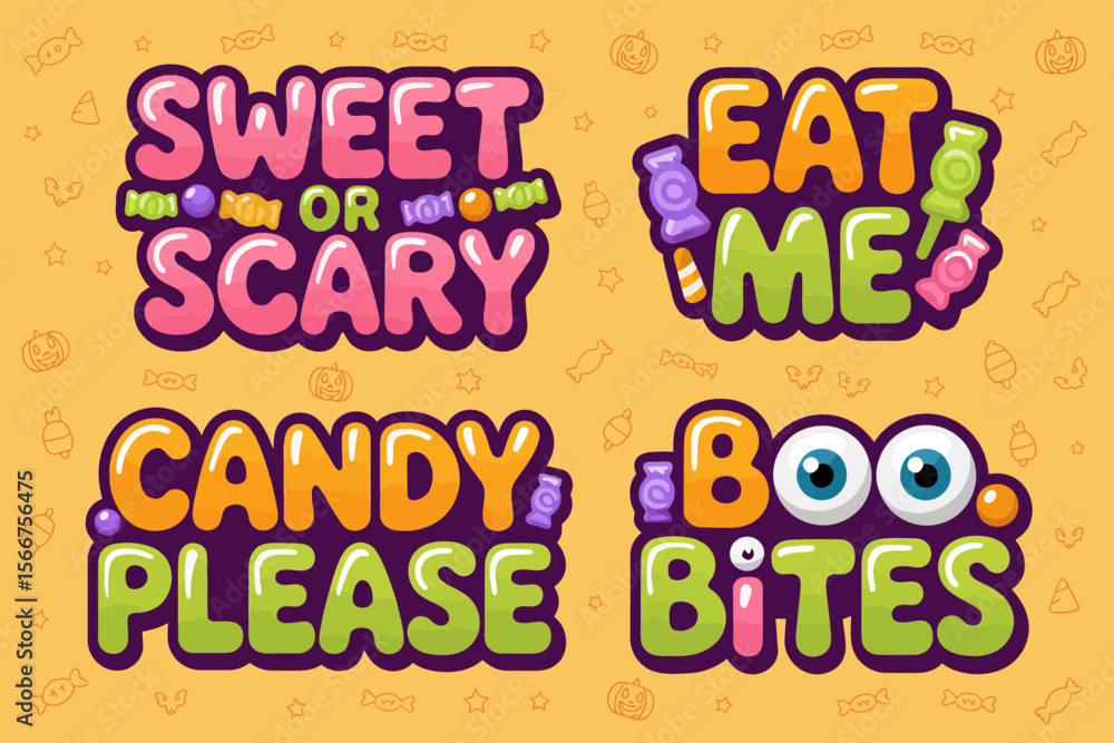 Obraz premium Halloween candy label, sweet or scary, eat me, candy please, boo bites, colorful treat sticker, spooky dessert sign