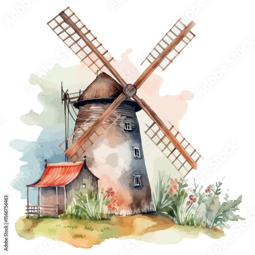 Old Dutch windmills dotting the green countryside under a blue sky in the Netherlands