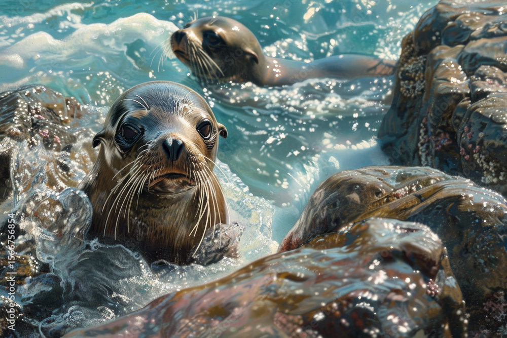 Fototapeta premium A painting of two sea otters swimming in the ocean