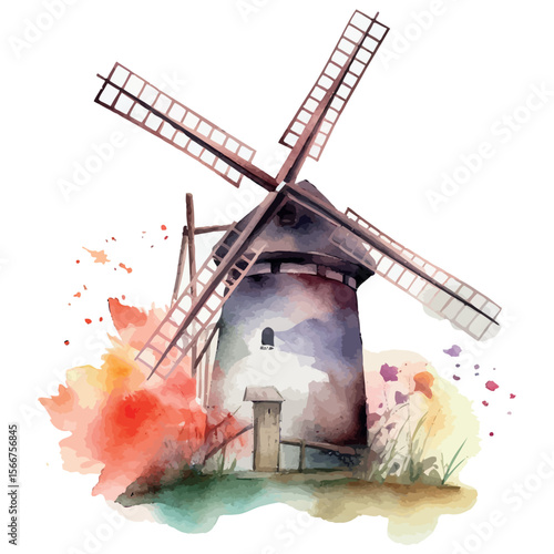 Old Dutch windmills against the evening sky, their wooden architecture standing as traditional symbols of rural energy in the Netherlands' tranquil countryside