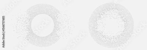 Rings composed of dots, partially crumbling and creating a disintegration effect. Abstract visualization for technology, interfaces and scientific concepts.