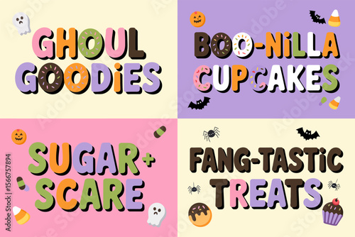 Halloween treat label, ghoul goodies, boo-nilla cupcakes, sugar scare, fang-tastic treats, spooky dessert sticker, party sign