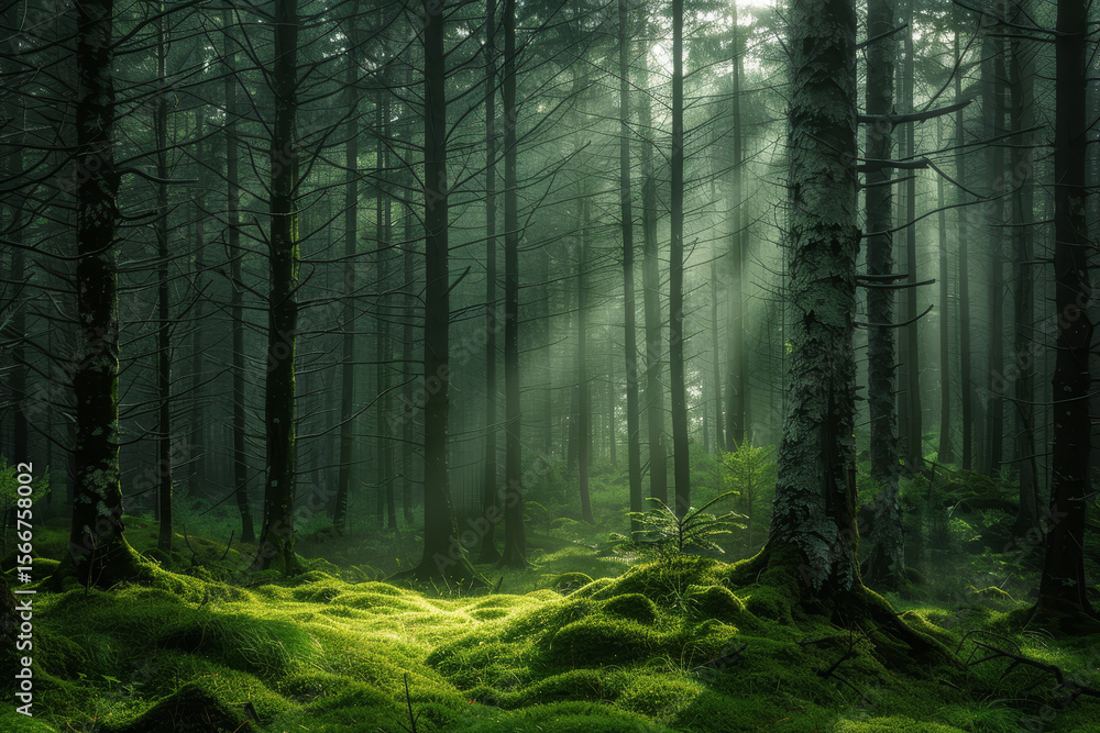 Obraz premium A forest with sunlight shining through the trees