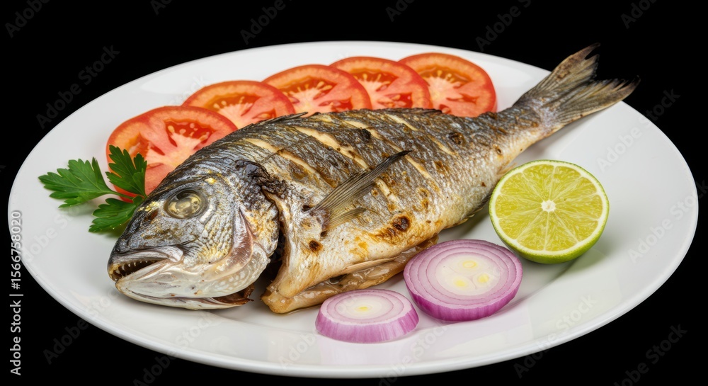 Grilled sea bream served with tomatoes onion lime and parsley on a white plate for a delicious and healthy seafood meal Grilled sea bream served with tomatoes onion lime and parsley on a white plate for a delicious and healthy seafood meal