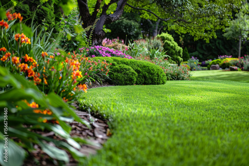 Wallpaper Mural A lush green lawn with a flower garden in the background Torontodigital.ca
