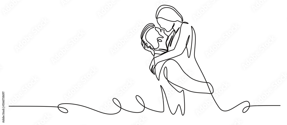 Obraz premium continuous line art of a pair of man and woman in dress and suit performing a wedding reception and hugging. wedding concept. this icon is for invitation cards.