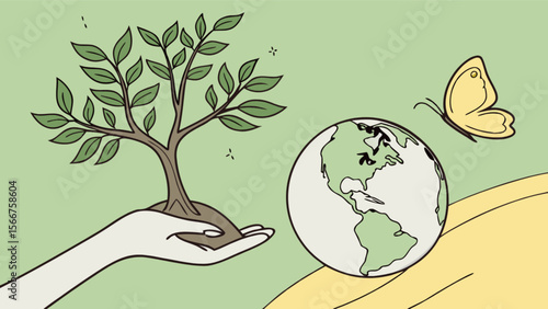 Hands holding tree and earth globe with butterfly for nature conservation concept art vector