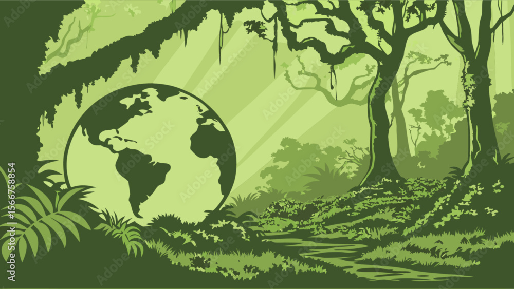 Obraz premium Green earth globe in jungle forest illustration for environmental awareness and conservation concept art