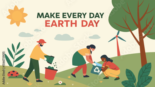 Earth day volunteer event planting trees and recycling for sustainability and environmental awareness campaign