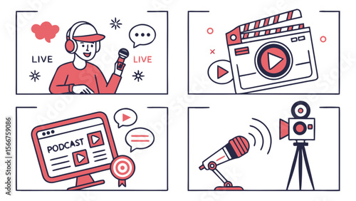 Podcast and video production equipment and live streaming concept for online content creation and marketing