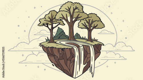 Floating island landscape with waterfall trees and mountains vector illustration scenic nature design