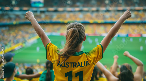 Australian woman football soccer fans in a stadium supporting the national team