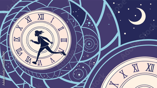 Time management woman running through clock face time pressure deadline urgency concept illustration design vector