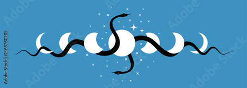 Celestial Moon Phases and mystical sacred snakes border frame, wicca banner sign. Triple moon pagan Wiccan goddess symbol, boho style, vector isolated on light blue background