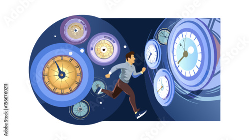 Running out of time concept illustration for deadline and time management with clocks and person runing