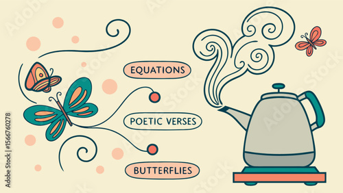 Creative design featuring butterflies, equations, poetic verses and a steaming teapot illustration