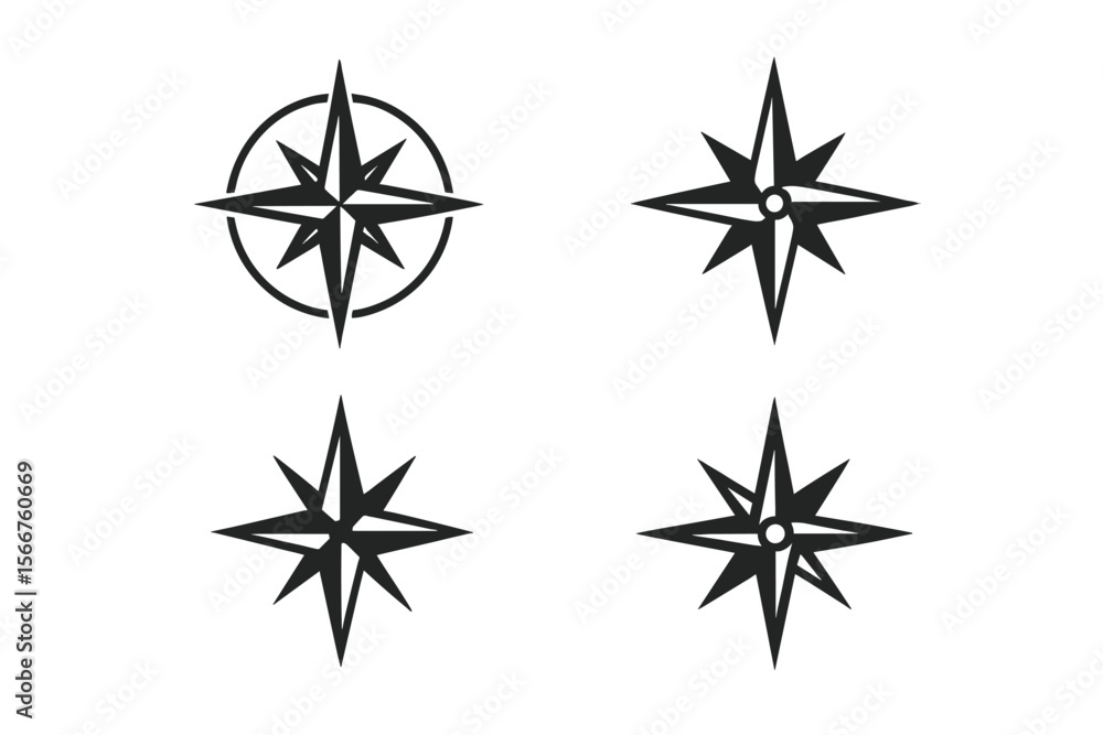 Fototapeta premium Abstract compass designs featuring various star patterns displayed on a white background for navigation concepts