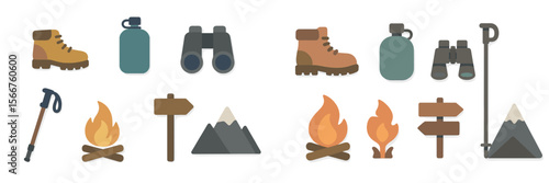 Camping gear and outdoor adventure tools for hiking and exploring nature during a warm day in the wilderness