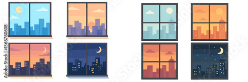 Four windows showcasing cityscapes during day and night with a transitional color palette illustrating time changes