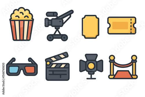 Movie night essentials featuring popcorn, tickets, and film equipment in vibrant icons